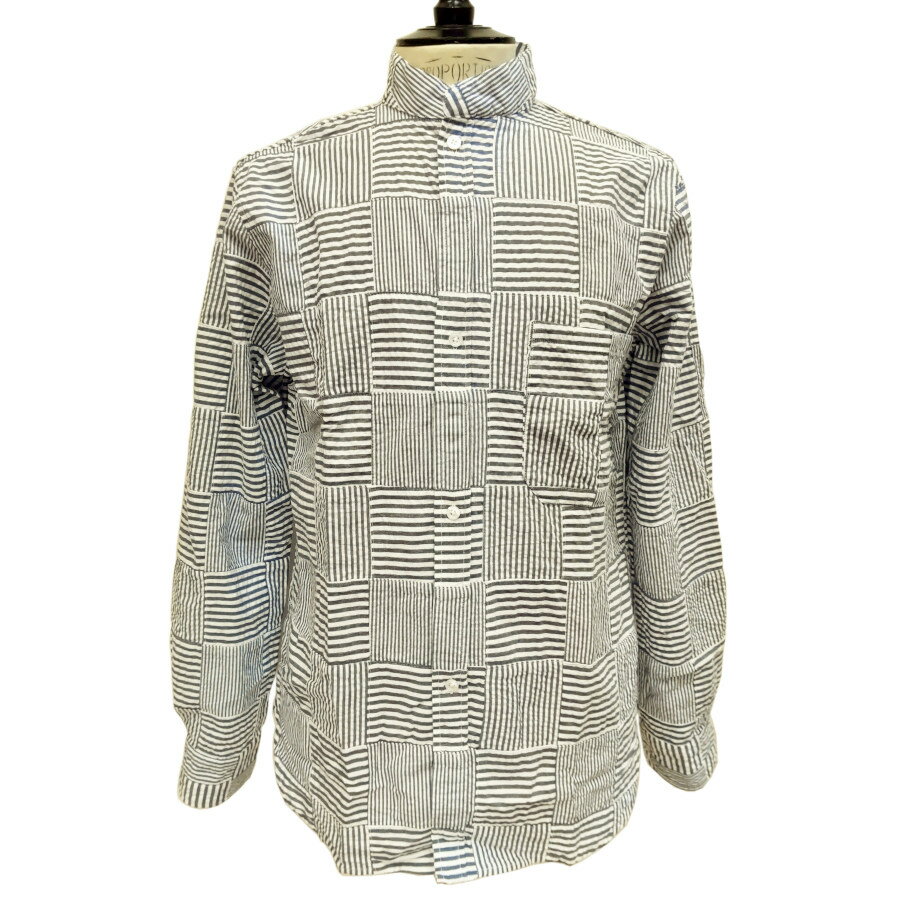 楽天cavalleria 楽天市場店【新入荷】DOPPIAA（ドッピアアー）イタリア製 スタンドカラー シャツ メンズ AA511001-18 ブルーグレーxホワイト 白 コットン サッカ生地 パッチワーク【AAMILCARE】