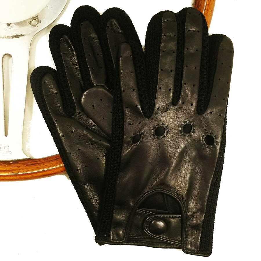 楽天cavalleria 楽天市場店MEROLA GLOVES（メローラ）イタリア製 ドライビング グローブ メンズ ME119001-99（ME929008-99） ブラック 羊革xブラック 綿メッシュ編み 手袋 Driving Gloves ハンドメイド ローマ 映画衣装