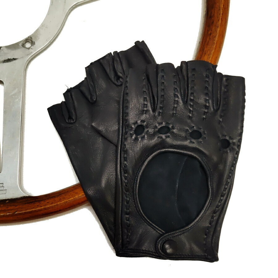 MEROLA GLOVES メローラ イタリア製 ドライビング グローブ ハーフィフィンガー メンズ ME229003-80 ネイビー 羊革 手袋 Driving Gloves ハンドメイド ローマ 映画衣装