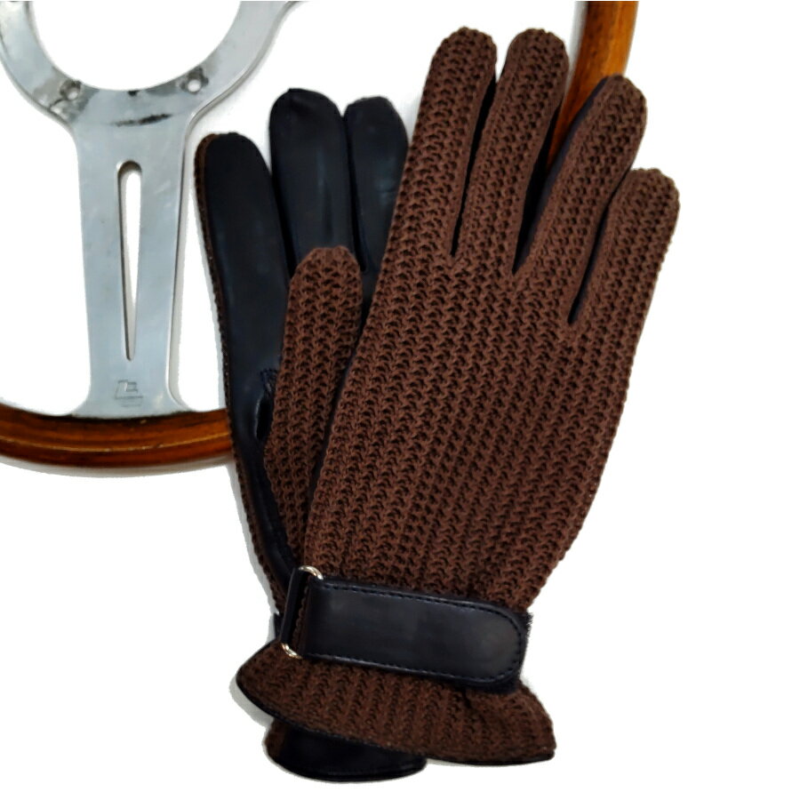 楽天cavalleria 楽天市場店MEROLA GLOVES（メローラ）イタリア製 ドライビング グローブ メンズ ME329001-78 ネイビー 羊革xブラウン 綿メッシュ編み カシミヤニットのインナー 手袋 Driving Gloves ハンドメイド ローマ 映画衣装