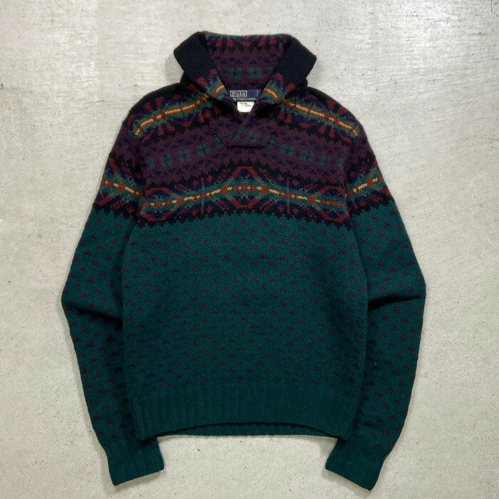 90年代 Polo by Ralph Lauren ポロバイラルフローレン ノルディック柄 カシミヤ混 ウールニットセーター ショールカラーニットセーター メン...