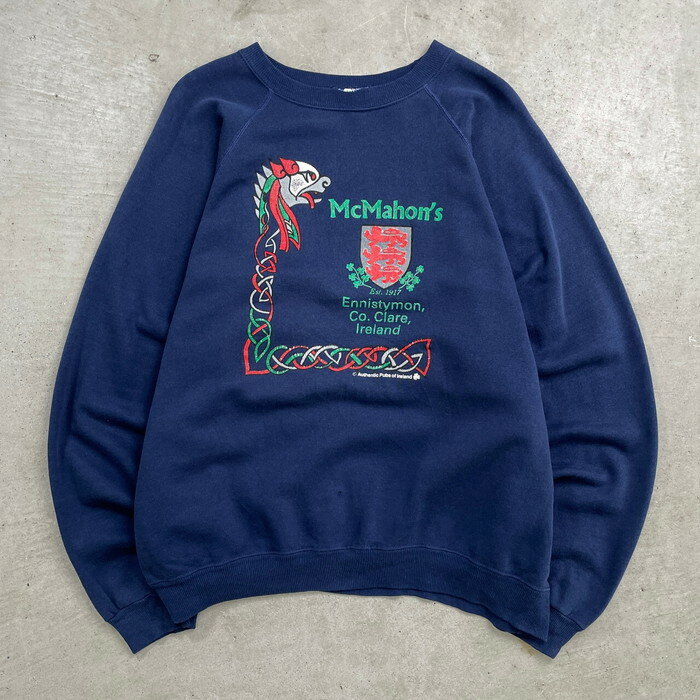 80年代 USA製 MCMAHON'S 企業ロゴプリント ラグランスウェットシャツ ケルト柄 メンズXL相当 古着【中古】【AS2509】