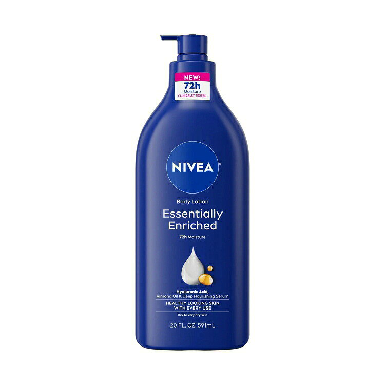 新しい処方とデザインで登場した「ニベア エッセンシャリーエンリッチド ボディローション」は、乾燥が気になる肌にたっぷりとうるおいを届け、しっとりなめらかな肌へ導きます。ヒアルロン酸、アーモンドオイル、ディープナリッシングセラムを配合し、72時間の高保湿を実現。ベタつかず肌になじみやすいテクスチャーで、毎日の使用で健康的な印象の肌へ整えます。皮膚科テスト済みで肌へのやさしさにも配慮。使いやすいポンプ式で、ボトル本体には環境に配慮した50％再生プラスチック（ポンプ部分を除く）を使用しています。