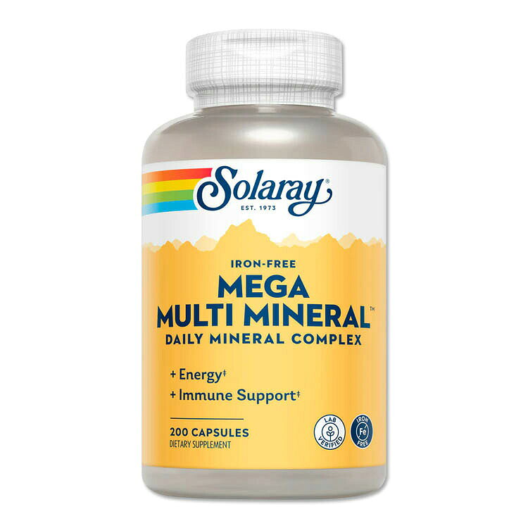 ソラレー メガ マルチミネラル 200粒 カプセル Solaray Mega Multi Mineral Iron-Free Capsules サプリメント ミネラル 鉄分不使用 カルシウム マグネシウム 亜鉛 セレン 銅 ヨウ素 リン cbbnow-10001141 ベストサプリUSA パッケージ画像