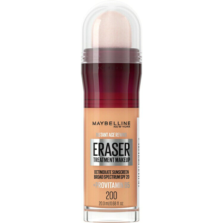 メイベリン インスタント エイジ リワインド イレイサー トリートメント ファンデーション SPF18 200 クリーミーナチュラル 約20mL：クコ果実エキスとコラーゲン配合のファンデーション。カバーしながら年齢サインを目立ちにくく見せ、うるおい感のある自然な仕上がりへ。SPF18で日常使いにも適しています。原材料：成分：オクチノキサート 7.5%。その他の成分：シクロペンタシロキサン、水、ジメチコンクロスポリマー、グリセリン、イソノナン酸イソトリデシル、PEG-9ポリジメチルシロキシエチルジメチコン、ジステアルジモニウムヘクトライト、フェノキシエタノール、PEG-10ジメチコン、加水分解コムギタンパク/PVPクロスポリマー、ステアロイルグルタミン酸2Na、クロルフェネシン、メチルパラベン、クコ果実エキス、アクリレーツコポリマー、ソルビン酸K、エチルパラベン、トコフェロール、パルミチン酸アスコルビル、パンテノール、PEG-9、水酸化Al、クエン酸、PCA-Na、尿素、トレハロース、ポリクオタニウム-51、水溶性コラーゲン、ヒアルロン酸Na、酸化鉄、酸化チタン、マイカを含む場合があります。