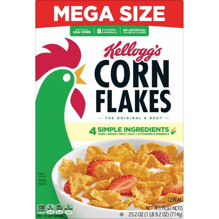 ケロッグのコーンフレーク シリアルで朝を迎えましょう。健康的でおいしい朝食用シリアルで、一日を気持ちよくスタートできます。家族みんなに人気の定番シリアルが 1 箱 (25.2 オンス) 入っています。お子様にも大人にも最適です。ボウルいっぱいに楽しめるように作られており、1 食分には 8 種類のビタミンとミネラルが豊富に含まれており、無脂肪、人工着色料や香料は使用していません。また、このフレークを使ってさまざまな甘くておいしい料理を作ることができます。ケロッグのコーンフレークは、そのままキャセロールに入れたり、砕いてお気に入りのコーンフレーク クラスト チキンのレシピに使用したり、ヨーグルト パフェに加えてさらにカリカリ感を出すこともできます。放課後のおやつや、忙しい外出先でのひとときに、たまらないケロッグのコーンフレークをお楽しみください。ケロッグの元祖にして最高のコーンフレークに、お好みの乳製品やナッツミルクを加えるだけです。