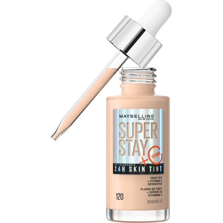 メイベリン スーパー ステイ 最長24時間 スキンティント ビタミンC配合 120 約30mL：ビタミンC配合のロングウェアスキンティント。明るく素肌のようなカバー感で、軽い使い心地ながら最長24時間仕上がりが続き、汗・湿気・色あせにも強い処方です。ヴィーガン処方、皮膚科医テスト済み、ノンコメドジェニック、敏感肌にも適しています。原材料：水、シクロヘキサシロキサン、ナイロン-12、イソドデカン、変性アルコール、シクロペンタシロキサン、PEG-10ジメチコン、セチルPEG/PPG-10/1ジメチコン、PEG-20、ポリグリセリル-4イソステアレート、ジステアルジモニウムヘクトライト、フェノキシエタノール、硫酸Mg、ステアロイルグルタミン酸2Na、HDI/トリメチロールヘキシルラクトンクロスポリマー、酸化チタン、メチルパラベン、アクリレーツコポリマー、トコフェロール、ブチルパラベン、水酸化Al、アルミナ、シリカ、グリセリン、酸化チタン、酸化鉄を含む場合があります。