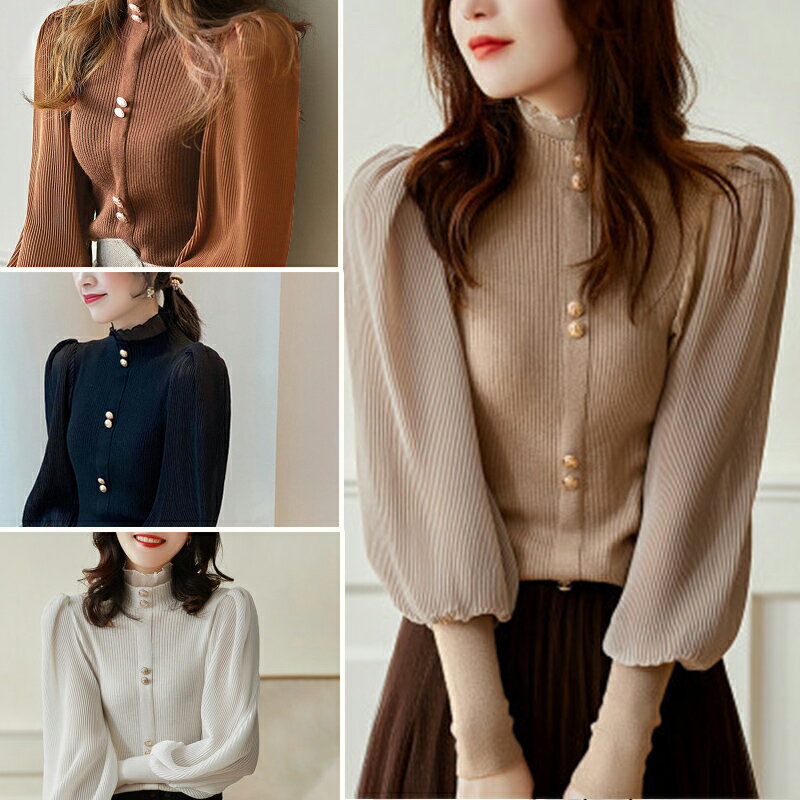 ニットセーター レディース トップス 長袖 タートルネック バルーンスリーブ バルーン袖 コットン 綿 ..