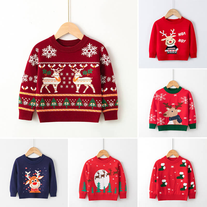 Rakuten - 送料無料 キッズ 子供服 サンタ セーター トップス ニット 長袖 クリスマス 上着 トナカイ 鹿柄 可愛い 女の子 男の子 キッズ用 防寒 保温 おしゃれ プリンセス 新年 誕生日祝い イベント お出かけ あったか プレゼント 誕生日 韓国