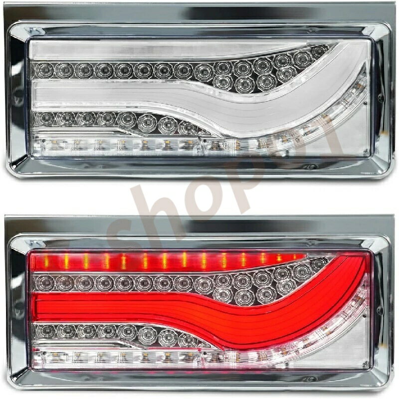 乐天商城 - 汎用 2連 歌舞伎トラックテールランプLED歌舞伎仕様 12V 24Vトラックテールライト2連 2枚 リアコンビネーションランプ シーケンシャル 流れウインカー 汎用中 中/小型トラック用 全LED 左右セット2枚[透明/ホワイト