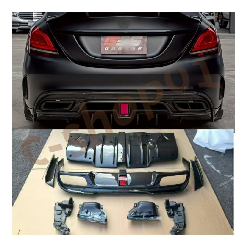 乐天商城 - ベンツ W205 C クラス C200 C260 C63 IMP スタイル カーボン製 LED 付き リアディフューザー リアバンパースポイラー リップディフューザー マフラーカバー ステー付き