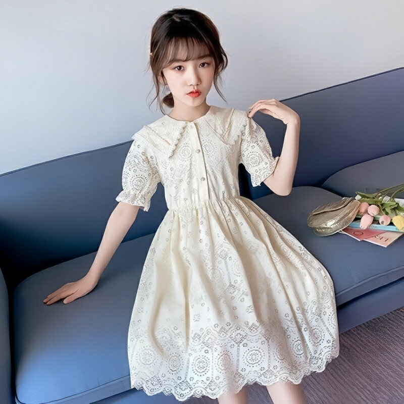 樂天商城 - ワンピース キッズ 子供服 女の子 春夏 キッズワンピース レースワンピース 折り襟 チュニック 子供ドレス お姫様 おしゃれ カジュアル 可愛い 新品 150cm 160cm