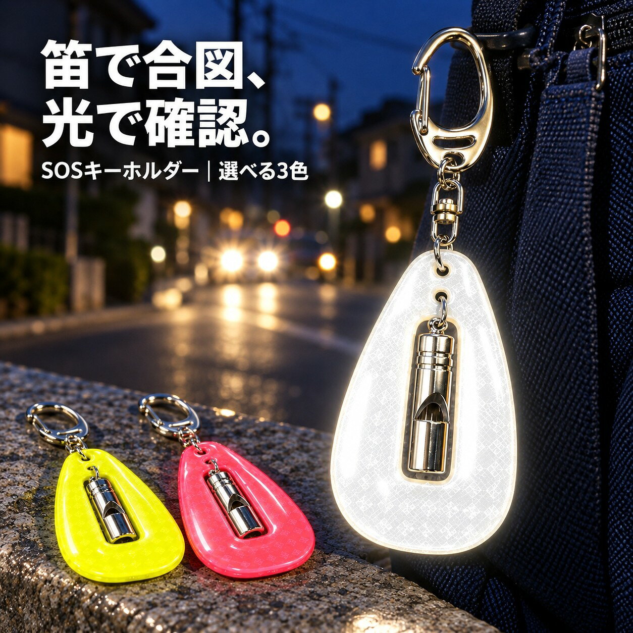 目立たなきゃ意味がない！ 日本製だから高輝度反射！ 笛で合図、光で確認。光と音の安全キーホルダー！ SOSキーホルダー 防災 防犯 緊急時 交通安全 ■商品情報 【素材】 ・本体：高輝度反射材シート ・笛：真鍮（メッキ） ・キーホルダー部：鉄（メッキ） 【サイズ】パッケージ：160Hx85Wx8D（mm） 【規格】 ・全日本交通安全協会認定 ・全国反射材普及促進協議会認定 （認定の基準の反射輝度は117MCD/LUX以上） ホワイトは認定基準の11倍以上の反射輝度1309MCD/LUX。 （イエローは1155MCD/LUX、ピンクは708MCD/LUX） ※反射輝度（単位：MCD/LUX）とは、反射材が1ルックスの照度の光を当てられたときに、1平方メートルあたりにどれくらいの反射性能を持っているかを示す値です。 ■特徴】 ・普段は身につけたりバッグ等に取付ける事で夜間の交通安全に役立ちます。（車のライトに遠くから反射します） ・地震、災害、非難等の緊急時には、笛で合図します。 ・まわりの柔らかい部分には高輝度反射材を使用してますのでライトを照らすか外部の光が当たればよく反射し、居場所が確認できます。 ■JPマーク認定商品 車のライトに反射して光る 高輝度反射材使用 通勤、通学、塾帰りに。 お子様の夜間の事故防止に ※JPマークとは JPマークのついた製品は、内閣府・警察庁・一般財団法人全日本交通安全協会・一般社団法人日本自動車連盟・社団法人日本自動車協会など関係省庁・団体の役職員や学識経験者の方々により構成された委員会において、反射効果のある優れた製品として審査認定されたものです。
