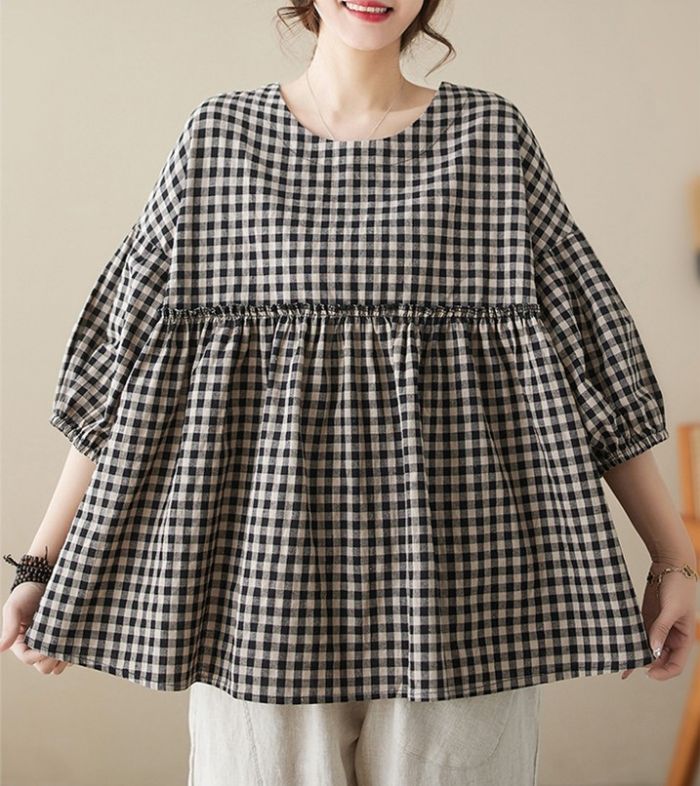 シャツ レディース 七分袖 ブラウス tシャツ トップス チュニック スーツ チェック柄 カジュアル 夏新作
