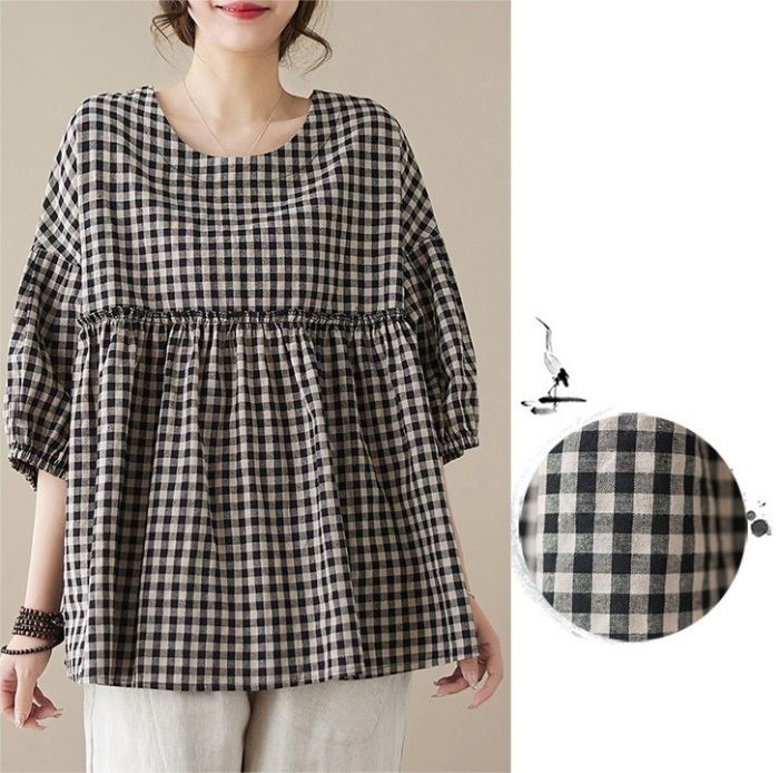 シャツ レディース 七分袖 ブラウス tシャツ トップス チュニック スーツ チェック柄 カジュアル 夏新作