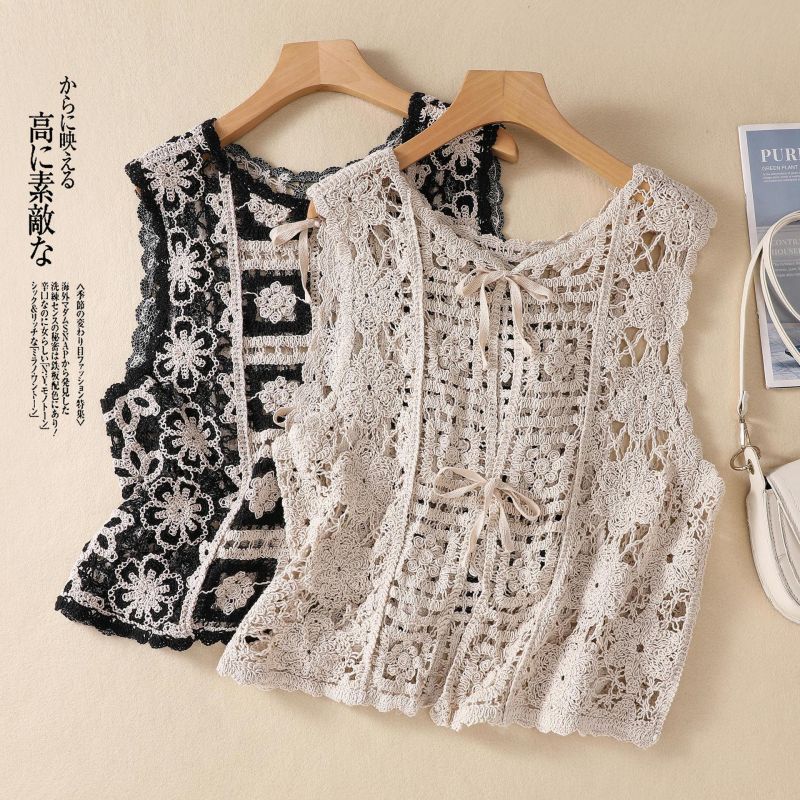 ベスト レディース レースベスト 花柄レース タンクトップ トップス vネック 透かし編み 薄手 重ね着 春コーデ