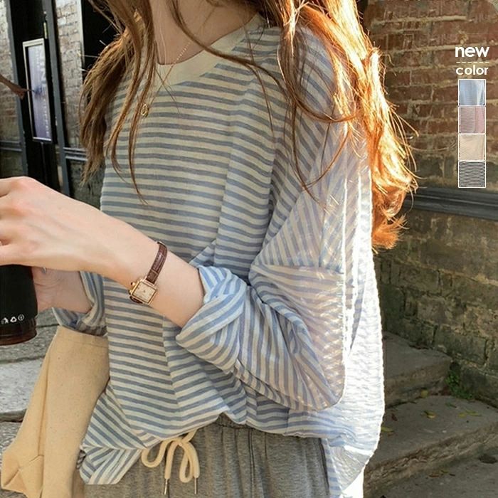 Tシャツ 長袖 夏 UVカット レディース シアー ボーダー カットソー ロンT ストライプ柄 夏 ゆったり 大きいサイズ オーバーサイズ 日焼け止め トップス 薄手 プルオーバー