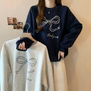 トレーナー レディース プルオーバー クルーネック 長袖 リボン刺繡 トップス tシャツ スウェット ゆったり 春秋