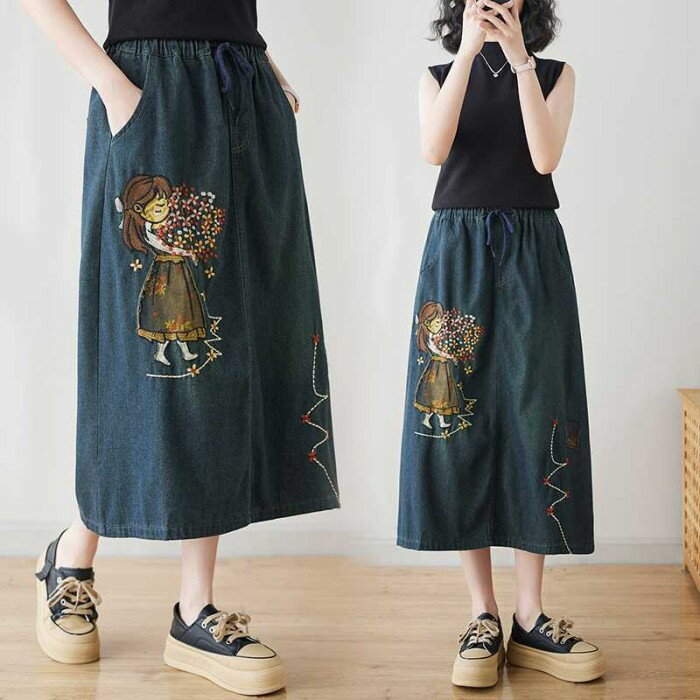 デニムスカート 刺繡 レディース カジュアルスカート デニム ミモレ丈 ロングスカート 30代 春服 ゆったり カジュアル 体型カバー 40代50代のサムネイル
