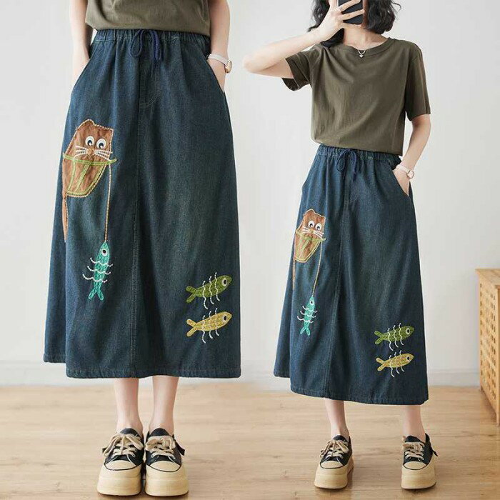 デニムスカート 刺繡 カジュアルスカート デニム ミモレ丈 ロングスカート 30代 レディース 春服 ゆったり カジュアル 体型カバー 40代50代