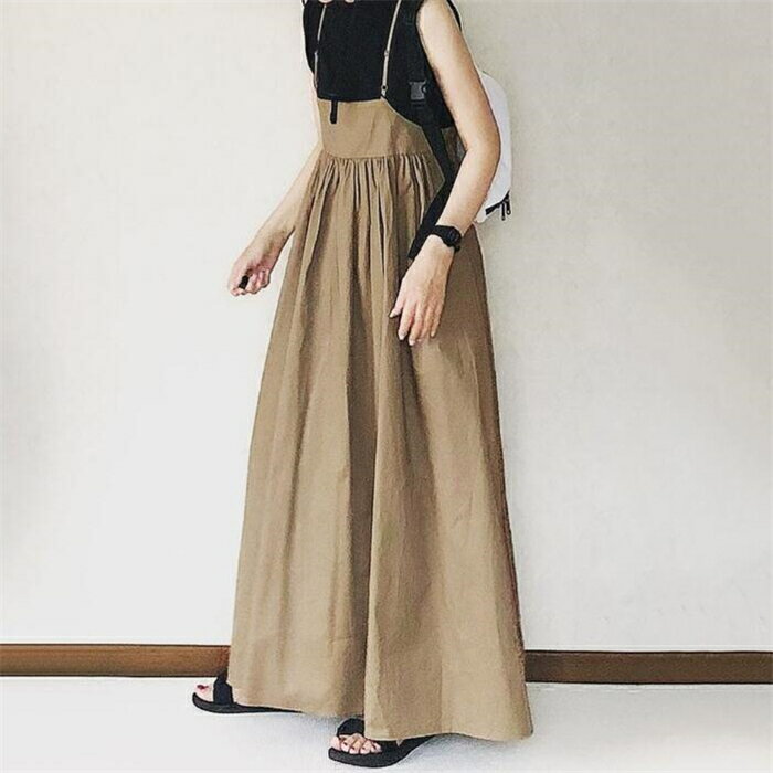 即納 ジャンパースカート ワンピース キャミワンピース レディース オールインワン サロペット ロングスカート 重ね着 無地