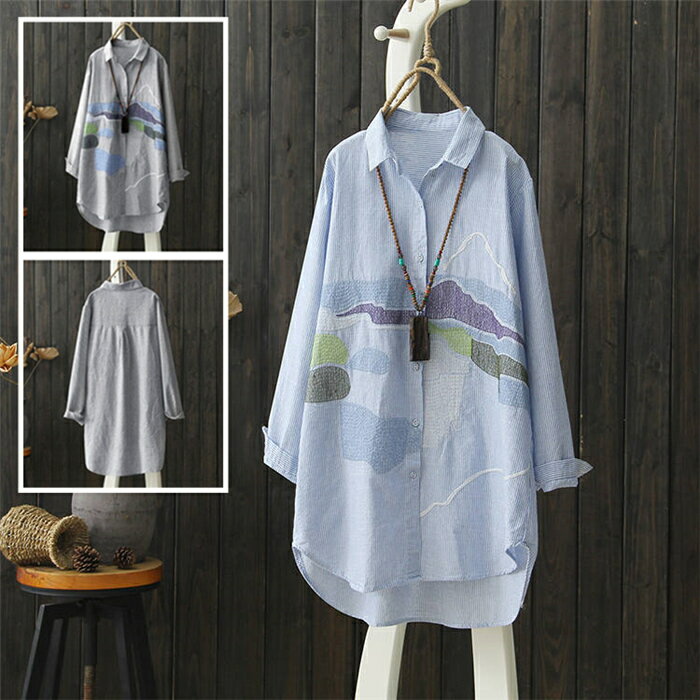Long-Sleeved - シャツ ロングシャツ 刺繍 レディース トップス チュニック 長袖 綿麻混 コットン リネン ゆったり ストライプ 大きいサイズ