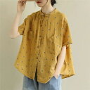 シャツ ドット柄 レディーストップス 夏 半袖 折り襟 シングル ブレスト ブラウス ゆったりめ カジュアル 30代40代50代