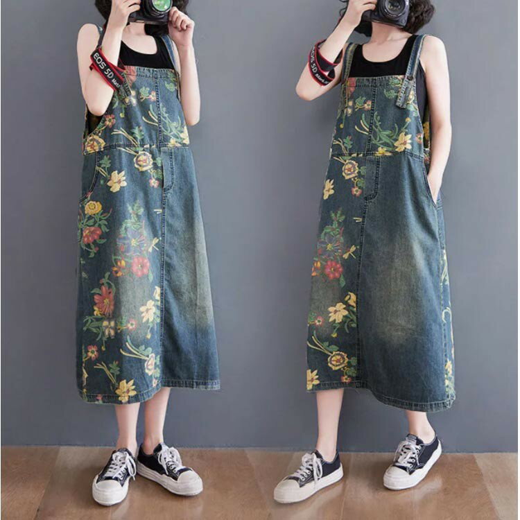 花柄 サロペット ワンピース デニム ジャンパースカート ジャンスカ レディース オーバーオール マキシワンピース 春夏秋 体型カバー ミデ デニムワンピース Vネック