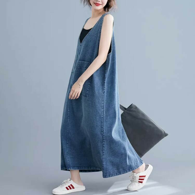 サロペット マキシ ワンピース レディース オーバーオール 大きいサイズ デニム マキシワンピース 夏 体型カバー Vネック ジャンパースカート デニムワンピース オールインワン