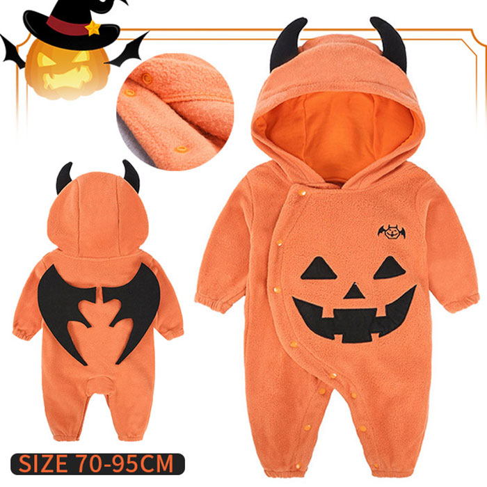Rakuten - 新生児 衣装 ロンパース キッズ服 ハロウィン なりきり ベビー服 ベイビー用品 カボチャ柄 フード付き コスチューム 一体型 仮装 衣装 女の子 男の子 男女兼用 子供用 赤ちゃん 綿 長袖 春秋 幼児 スナップボタン コスプレ 保育園 おしゃれ かわいい パーティー写真撮影 記念
