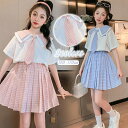 セットアップ スクールウェア こども服 ジュニアセットアップ 学生服 ジュニア 女の子 上下2点セット 2重セーラー襟 ギャザー 半袖シャツ+プリーツスカート ...