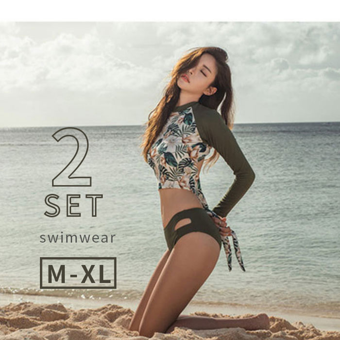 長袖水着 2点セット レディース水着 タンキニ セット バックリボン 長袖トップス セパレート 長袖ラッシュガード ショットパンツ UVカット ショーツ 体型カバー セクシー フレア ビキニ Vネック お洒落 クロス フィットネス 可愛い 女性用 女の子 温泉水着 夏休み 花柄 総柄
