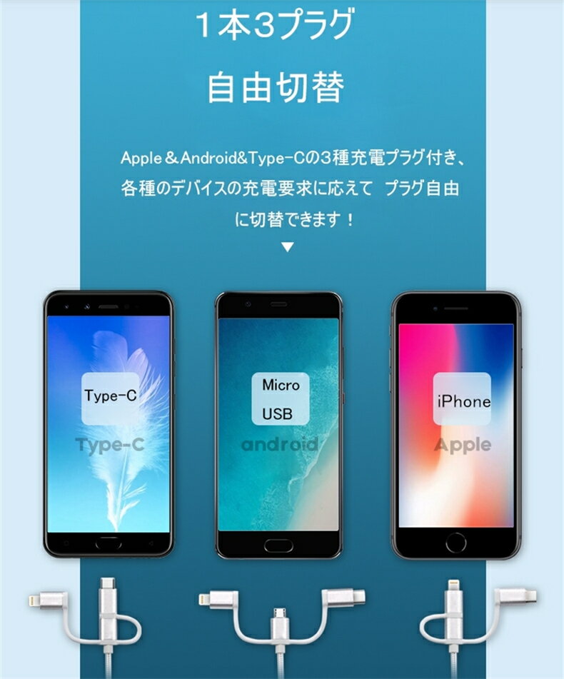 3in1 Android用 iPhoneケーブル micro USB Type-C用 急速充電ケーブル データ転送 ナイロン モバイルバッテリー 充電器 USBケーブル iPhone XS Max iPhone XR