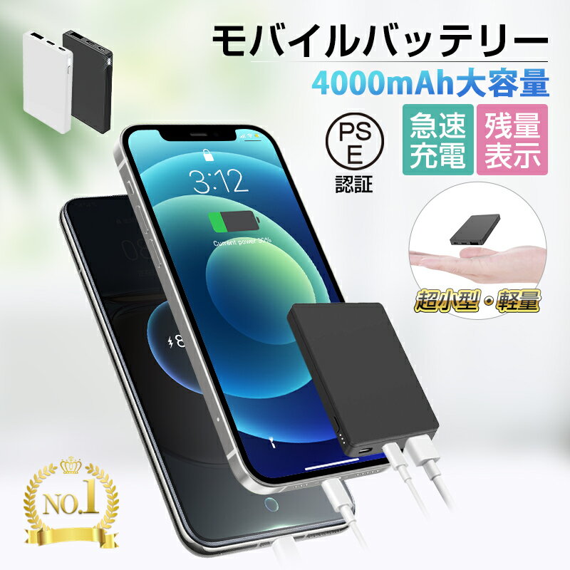 モバイルバッテリー 軽量・コンパクトタイプ 【期間限定】10％OFFクーポン配布中！4000mAh 世界最小最軽 モバイルバッテリー 大容量 コンパクト スマホ充電器 超薄型 軽量 入力2ポート 急速充電 超小型 ミニ型 楽々収納 携帯充電器【PL保険加入済み】