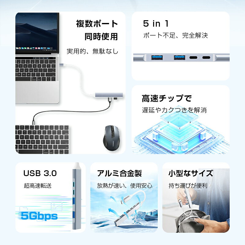 5in1 USB-C ハブ タイプC 拡張ドック USB-A ドッキングステーション USB3.0 5Gbps 高速データ転送 BC1.2対応 5ポート集結 MacBook Pro Air ノートPC テレワーク 在宅勤務 コンパクト 軽量 プラグアンドプレイ ドライバ 不要 送料無料 ccstore-10005552 ccstore サンプル画像3