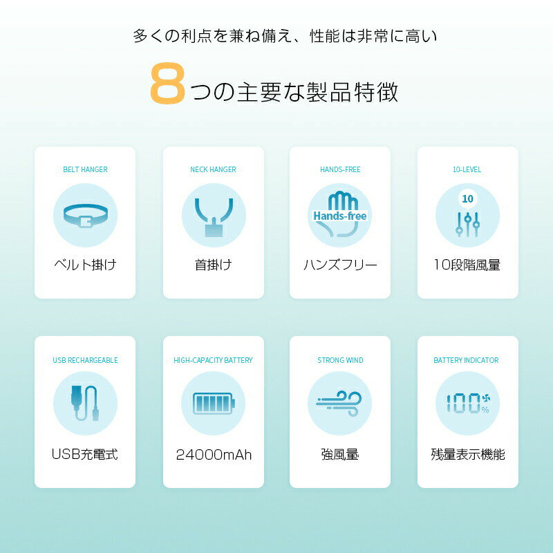 腰掛け扇風機 ポータブルファン 首掛け扇風機 腰掛けファン ハンズフリー扇風機 24000mAh大容量 モバイルバッテリー機能 2in1送風充電 強力送風 80時間連続稼働 USB充電式 軽量 静音 省エネ アウトドア 釣り 登山 作業用 熱中症対策 屋外作業 キャンプ 工事現場