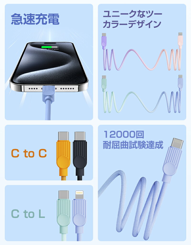 【新登場】ケーブル ライトニングケーブル PDケーブル 充電ケーブル iphone apple充電器 typec スマホ 充電コード Lightning 長さ 0.5m 1m 1.5m 2m 3m MFi認証 14 13 mini pro max 12 12mini SE2 11 X XS XR 8 7 6 iPad ipod 純正品質 急速充電 一本で2色 耐久長期保証
