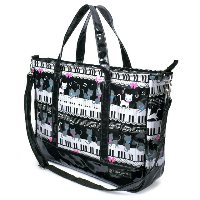 レッスンバッグ マチ付きファスナー ピアノの上で踊る黒猫ワルツ(ブラック) 子供用 マチ付きファスナー 手提げバッグ お稽古バッグ 絵本袋 通学 入園グッズ 子供 ピアノ おけいこバッグ 小学生 女の子 キッズ 小学校のサムネイル