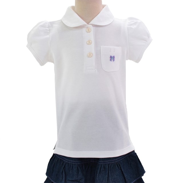 ポロシャツ(半袖) ホワイト×Wリボン(刺繍入り) 子供用スクールポロシャツ 子供 白 ポロシャツ 綿100 コットン 名札 通学 キッズ 小学生