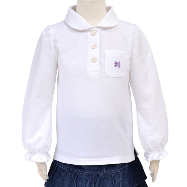 ポロシャツ（長袖）　ホワイト×Wリボン・ラベンダー（刺繍入り） (スクールポロシャツ 子供 白 ポロシャツ 綿100 コットン 名札 通学 キッズ 小学生 女の子)
