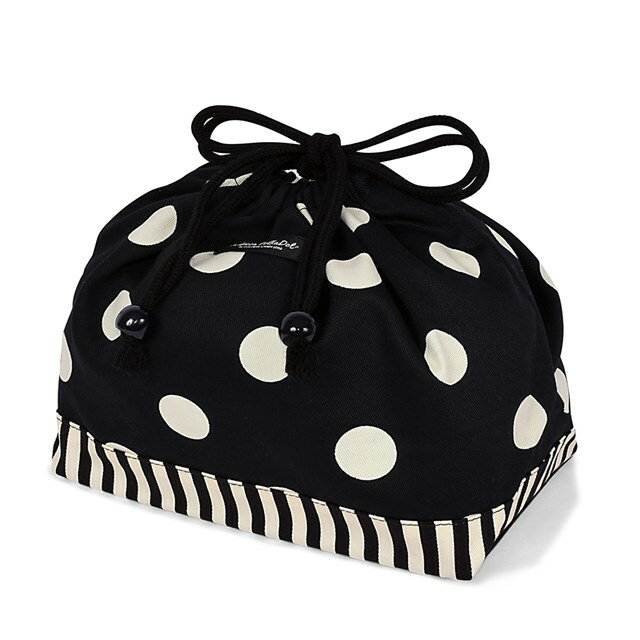 【ゆうパケット配送】decor PolkaDot 巾着 中 マチ有りお弁当袋 polka dot large(twill・black)xnarrow stripe(twill・black) 子供用 中 マチ有りお弁当袋 お弁当 巾着 お弁当袋 キッズ お弁当バッグ ランチ 巾着 ランチ袋 幼稚園 小学校