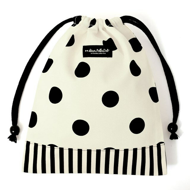 【ゆうパケット配送】decor PolkaDot 巾着 給食袋 polka dot large (twill・white)×narrow stripe (twill・black) 子供用 巾着袋 中 小学校 お 袋 袋 給食 袋 小学生 入学 道具袋 巾着 マチ 幼稚園 かわいい 入園準備 入園グッズ 小学校