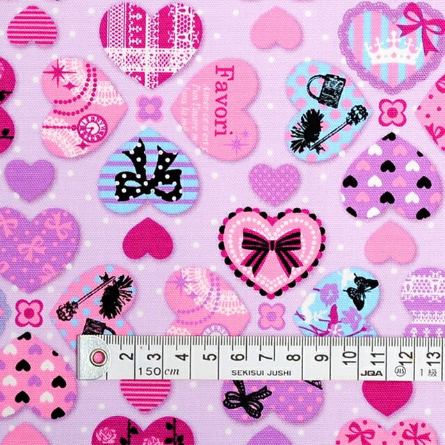 1.5m(数量15)までならゆうパケット対応商用利用可 生地 入園入学 ハートにこめたリボン アソート ラベンダー 生地 オックス ゆうパケット対応