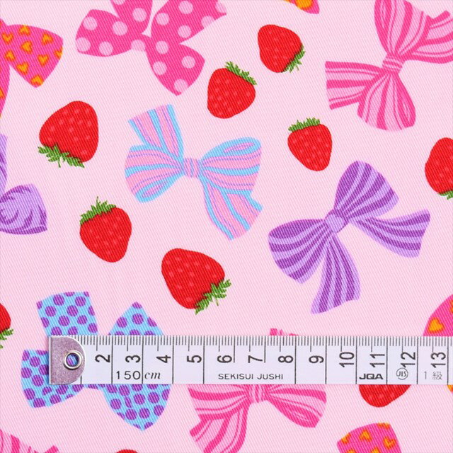 1.5m(数量15)までならゆうパケット対応商用利用可 生地 リボン柄 入園 入学 ピンク 女の子 いちごとリボンで満点ラブリー ピンク ツイル生地 ゆうパケット対応