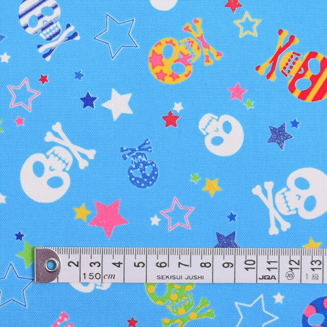 Rakuten - 1.5m(数量15)までならゆうパケット対応商用利用可 生地 星柄 ドクロ柄 スカイ おしゃれドクロとキラキラ☆星 スカイブルー 生地 オックス ゆうパケット対応