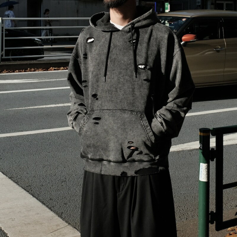 INTODUSK / CUT OUT HOODIE WASHED BLACK ORGANIC 25AW 送料無料