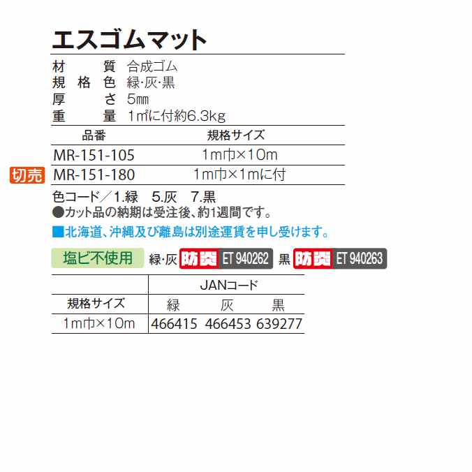 滑り止めマット すべり止めマット エスゴムマット 1m×9m (テラモト MR-151-180)(工場 作業場 通路 転倒防止 スリップ防止) 激安!(サイズオーダー対応商品) [2]