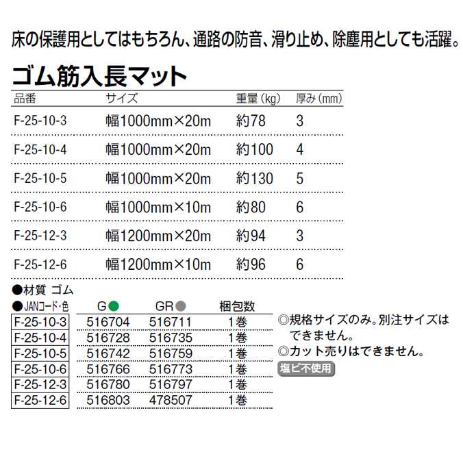 ゴム筋入長マット(6mm厚)(業務用 床面保護 防音 すべり止め 除塵）幅1000mm×10m (山崎産業 F-25-10-6)【代引き決済不可】