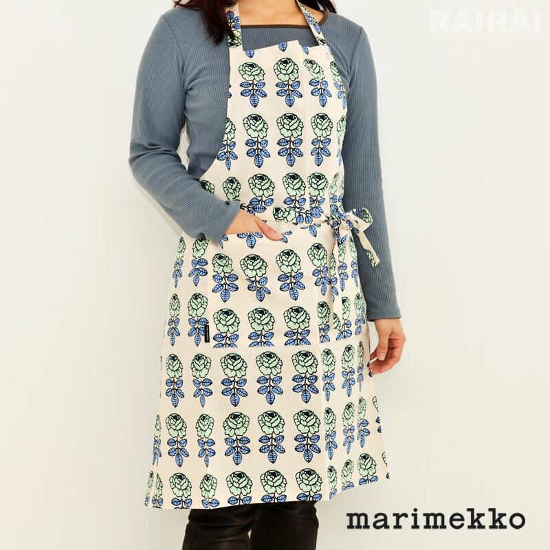 マリメッコ エプロン ヴィヒキルース コットンリネン グリーン×サンド (49) marimekko VIHKIRUUSU [70818]【日本限定】