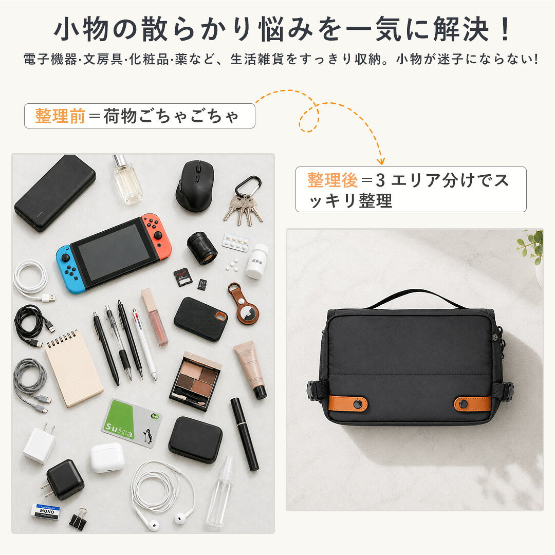 ガジェットポーチ 小物入れ 12ポケット ポーチ バッグ 小物ポーチ 3層大容量 14インチノートPC対応 多機能 自立式 多ポケット マルチガジェット スマホポケット撥水 防傷 防汚 整理 トラベルポーチ バッグ整理 帰省 旅行 海外旅行 出張 収納 トラベルポーチ PC周辺小物用収納 cecs2026-04-10000004 CSbags楽天市場店 サンプル画像2